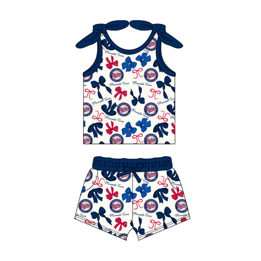 Preorder MOQ 5 pcs sleeveless T blue bow top shorts girls team clothes 8.23