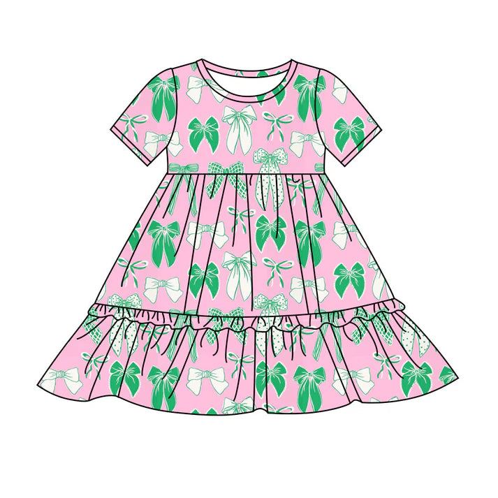 Preorder(moq 8)Baby Girls Pink Short Sleeve Green Bows St Patrick Ruffle Knee Length Dresses 9.25