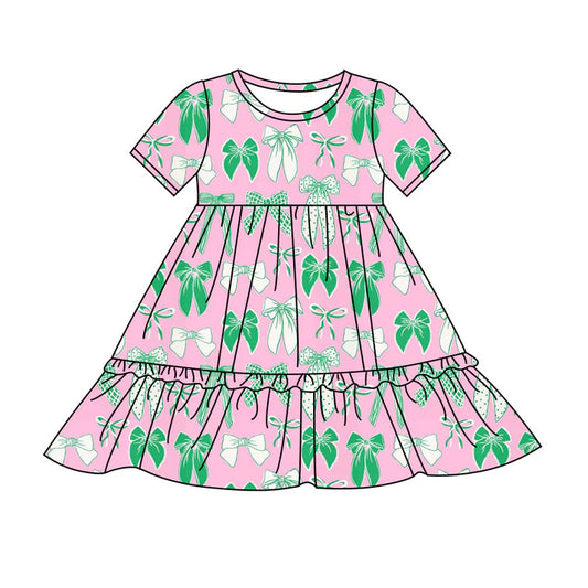 Preorder(moq 8)Baby Girls Pink Short Sleeve Green Bows St Patrick Ruffle Knee Length Dresses 9.25