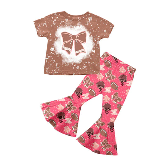Preorder (moq 5)Baby Girls Khaki Short Sleeves Football Bows Top Pink Bell Bottom Pant Set 5.12