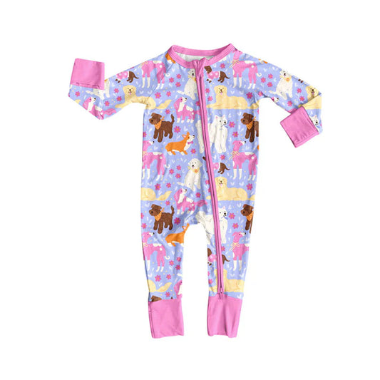 Preorder (moq 8)Baby Girls Flowers Dogs Valentine Zipper Footie Rompers 9.19
