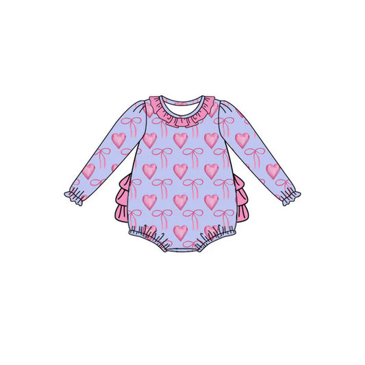 Preorder (moq 8)Baby Girls Pink Bows Hearts Valentine Ruffle Bobble Rompers 9.9
