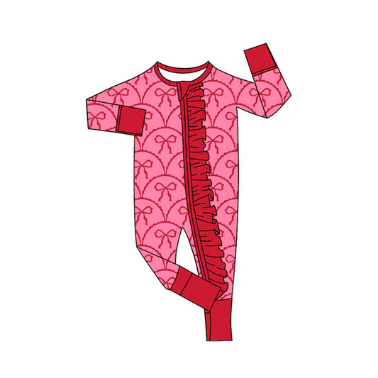 Preorder (moq 8)Baby Girls Red Bows Checked Valentine Ruffle Zipper Footie Rompers 9.20