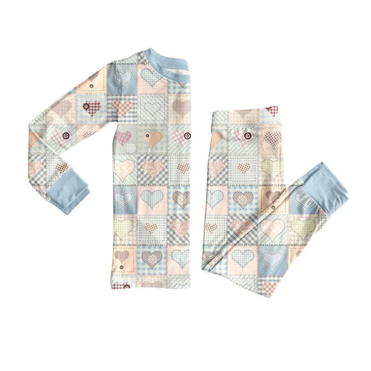Preorder(moq 5) Baby Girls Flowers Hearts Checked Top Pants Valentine Pajamas Set 10.23