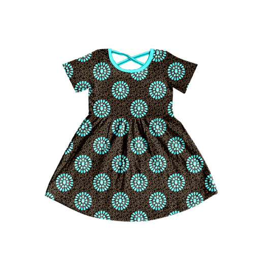 Preorder (moq 8)Baby Kids Short Sleeve Camo Turquoises Western Knee Length Dresses 9.19