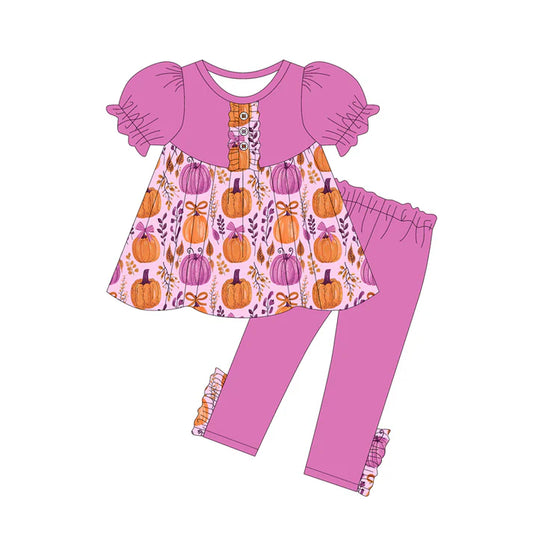 Preorder (moq 5)Baby Girls Hot Pink Short Ruffle Sleeves Floral Pumpkins Button Tunic Legging Pant Sets 5.28
