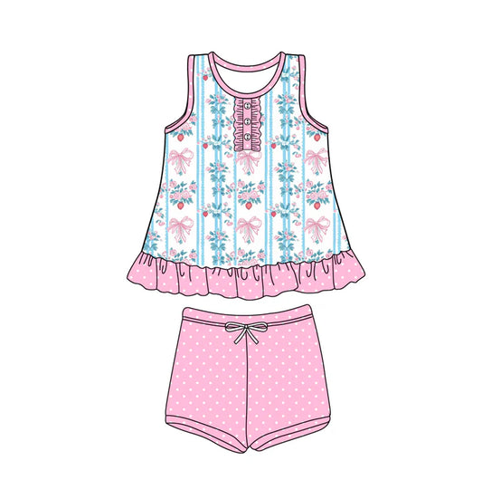 Preorder (moq 5)Baby Girls Pink Sleeveless Button Bows Floral Stripe Tunic Polka Dots Short Set 5.14