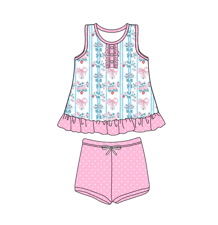 Preorder (moq 5)Baby Girls Pink Sleeveless Button Bows Floral Stripe Tunic Polka Dots Short Set 5.14