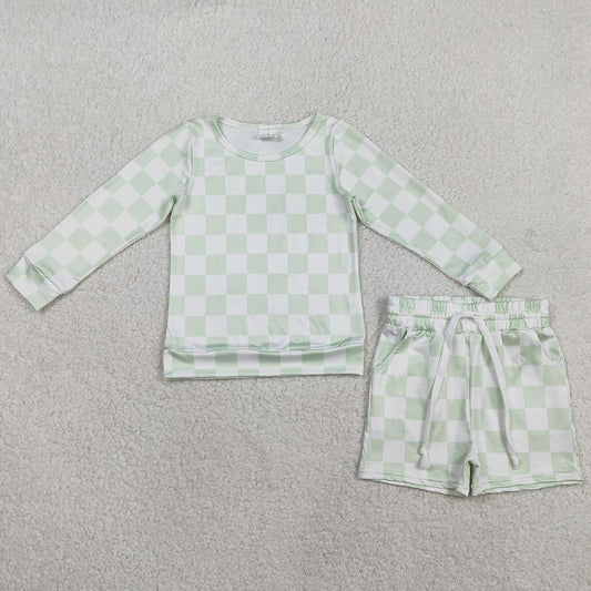 Baby Girls Clothes Light Green Checked Long Sleeve Top Pockets Shorts Clothes Sets GLS0086