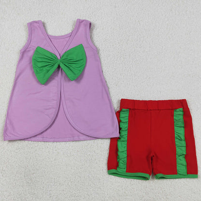 Baby Girls Clothes Purple Sleeveless Back Bows Tunic Red Shorts Clothes Sets GSSO3465