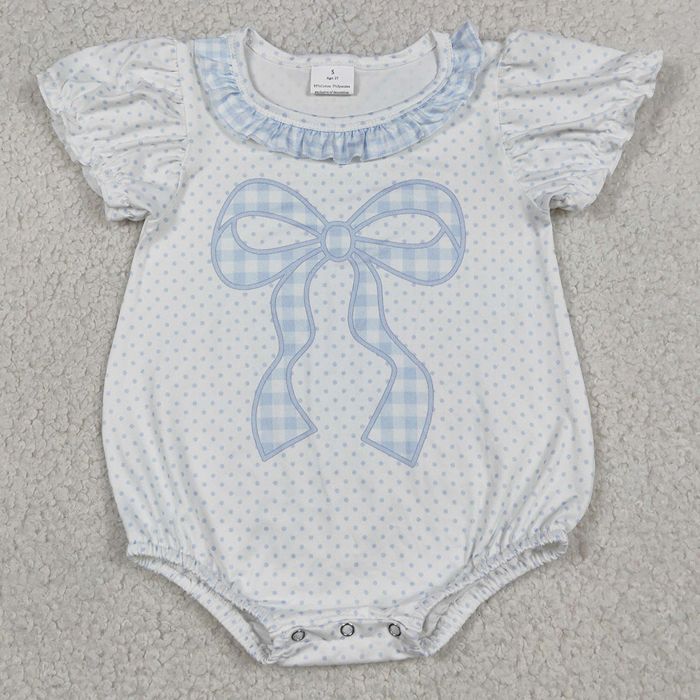Baby Girls Rompers Short Sleeve Blue Polka Dots Bows Ruffle Rompers SR4089
