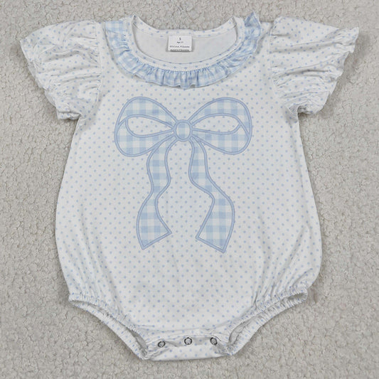 Baby Girls Rompers Short Sleeve Blue Polka Dots Bows Ruffle Rompers SR4089