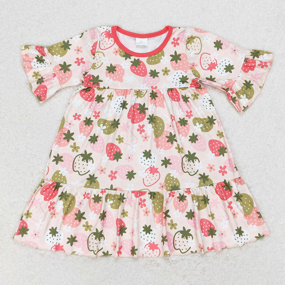 Baby Girls Dress Short Sleeve Strawberry Ruffle Knee Length Dresses GSD1098