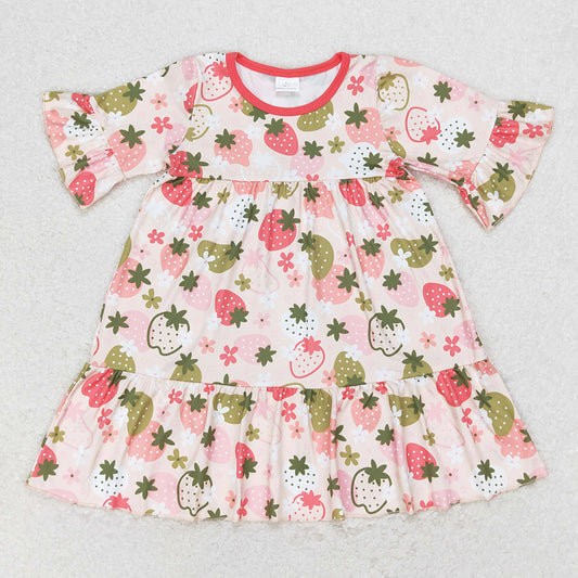 Baby Girls Dress Short Sleeve Strawberry Ruffle Knee Length Dresses GSD1098