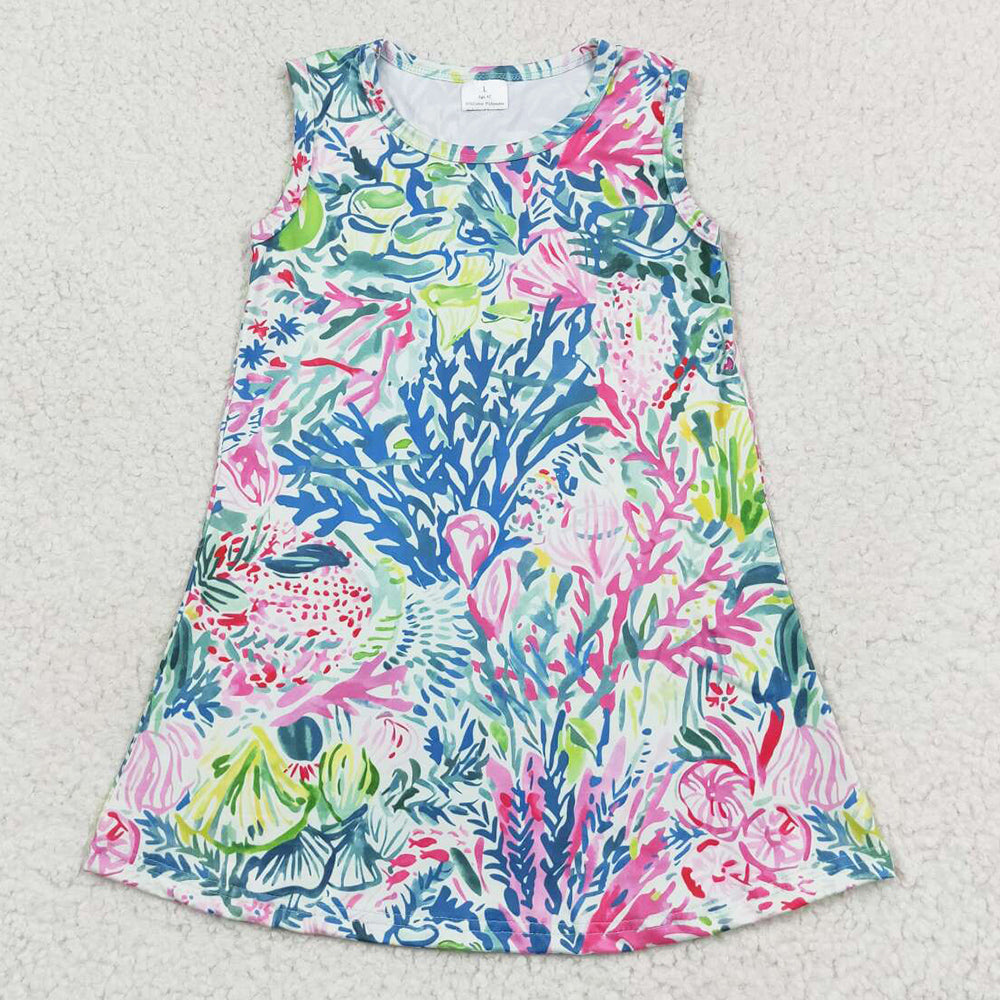 Baby Girls Dress Blue Pink Leaves Flowers Sleeveless Knee Length Dresses GSD1139