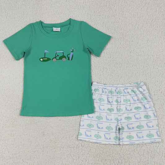 Embroidery Baby Boys Clothes Green Short Sleeves Golf Truck Top Shorts Sets BSSO1540 6.26