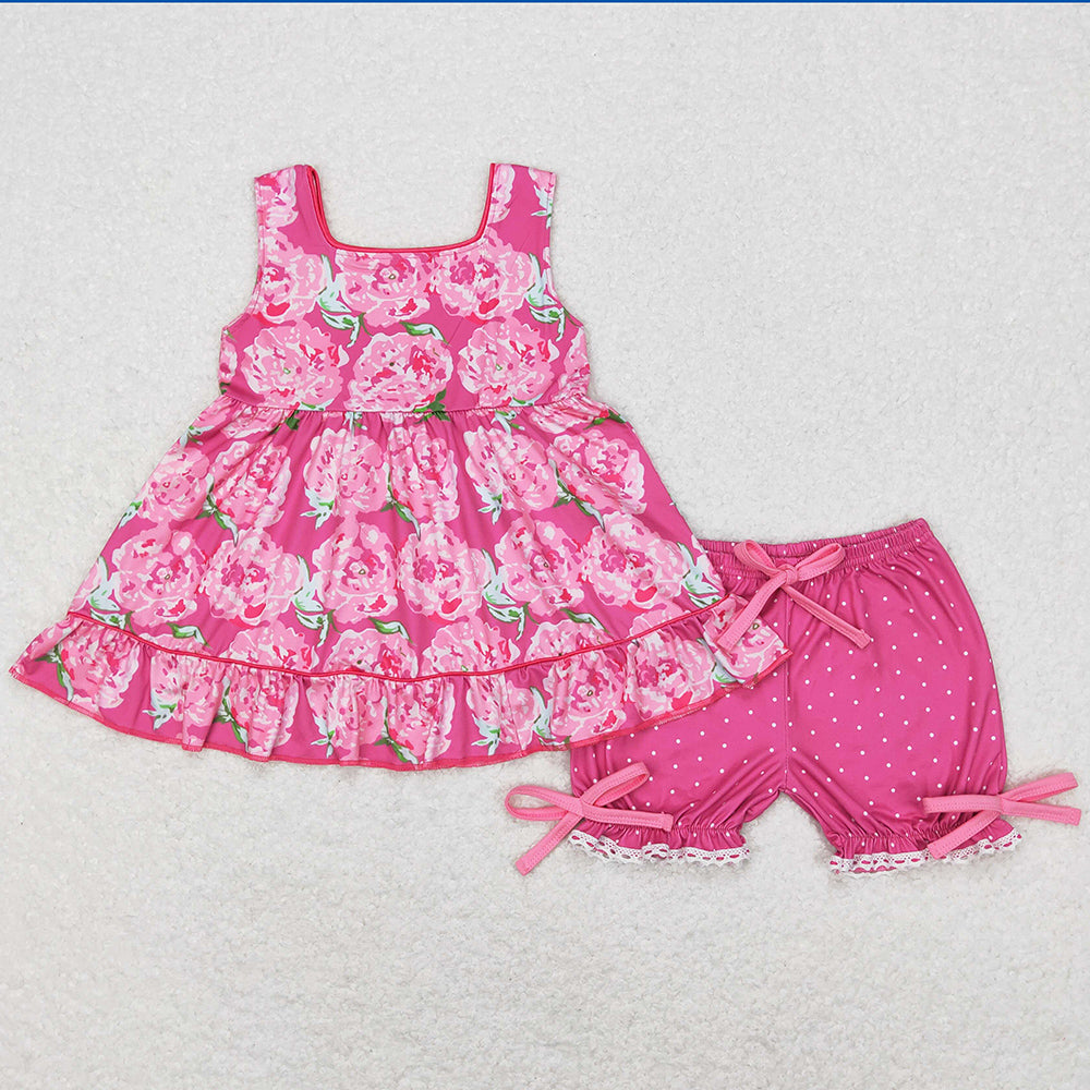 Baby Girls Clothes Pink Flowers Ruffle Tunic Shorts Sets GSSO0364