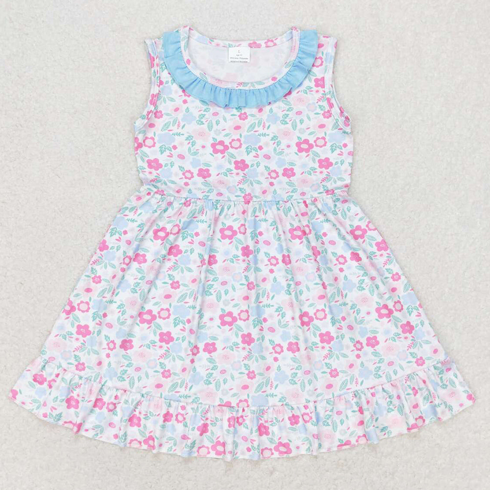 Baby Girls Dress Blue Pink Flowers Sleeveless Knee Length Dresses GSD1102