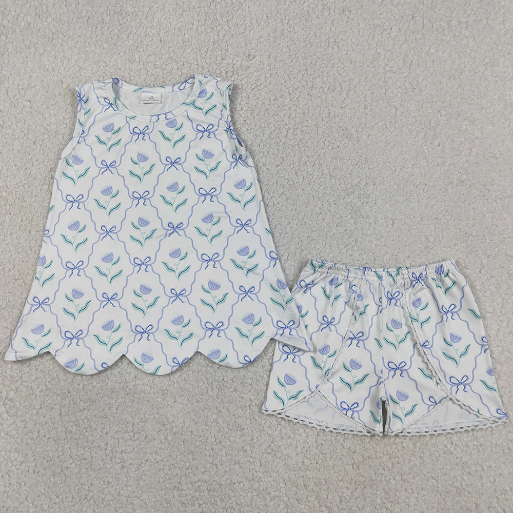 Baby Girls Clothes Blue Bow Flowers Checked Scallop Tunic Shorts Clothes Set GSSO3426