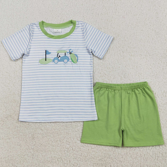 Baby Boys Clothes Blue Stripe Short Sleeves Golf Embroidery Top Shorts Sets BSSO1504 7.10