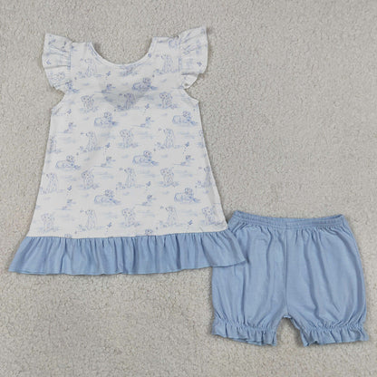 Baby Girls Clothes Flutter Sleeve Dogs Butterfly Back Bow Tunic Ruffle Short Clothes Sets GSSO3061