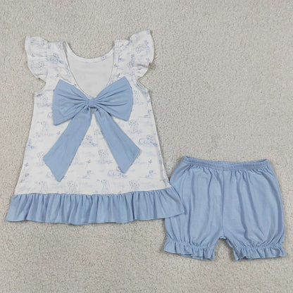 Baby Girls Clothes Flutter Sleeve Dogs Butterfly Back Bow Tunic Ruffle Short Clothes Sets GSSO3061