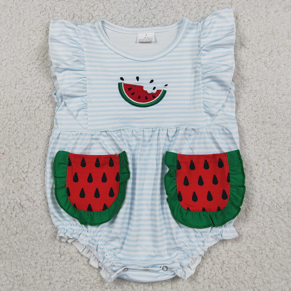Baby Girls Rompers Embroidery Watermelon Flutter Sleeve Blue Stripe Pockets Ruffle Romper SR4153