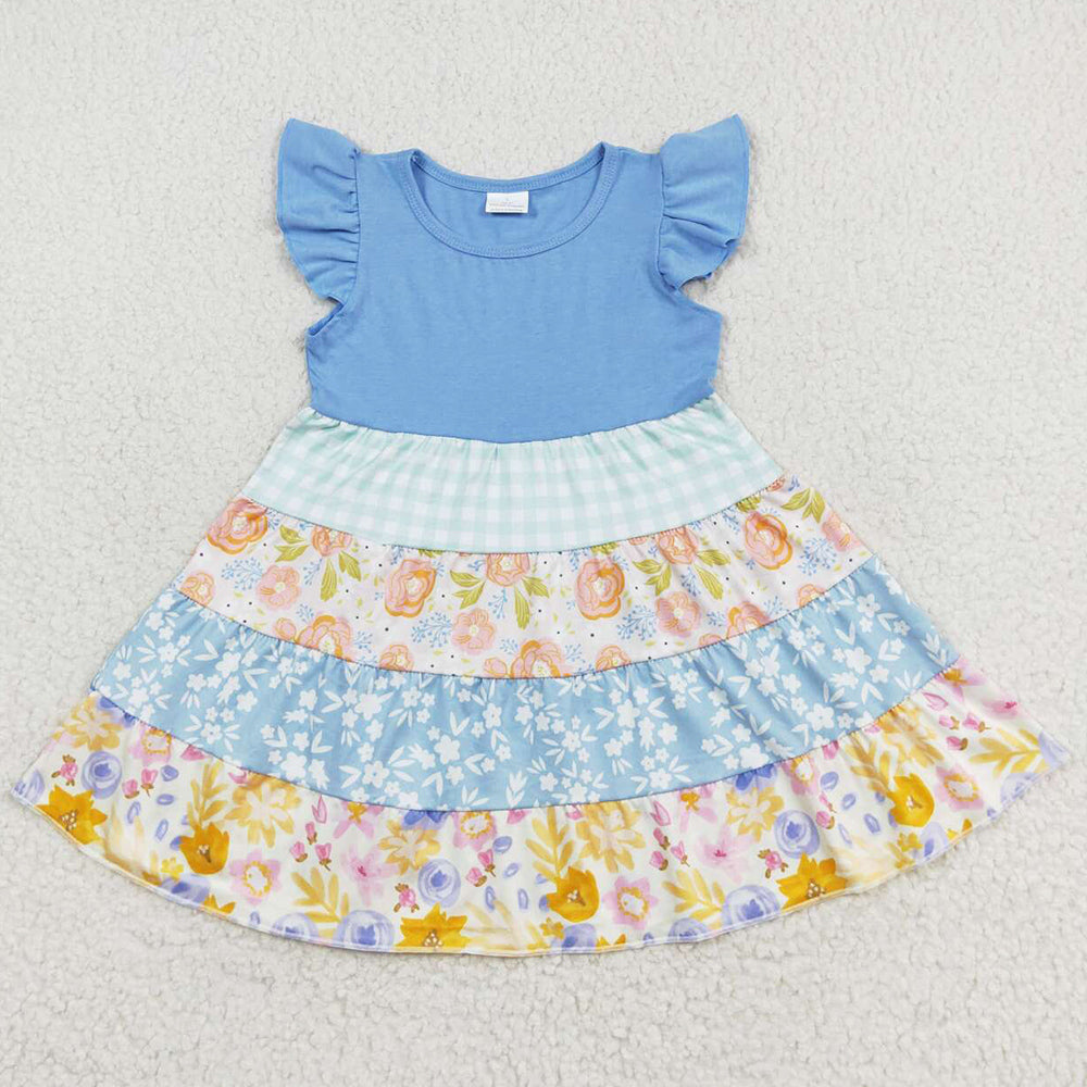 Baby Girls Dress Blue Flutter Sleeve Flowers Knee Length Dresses GSD1073