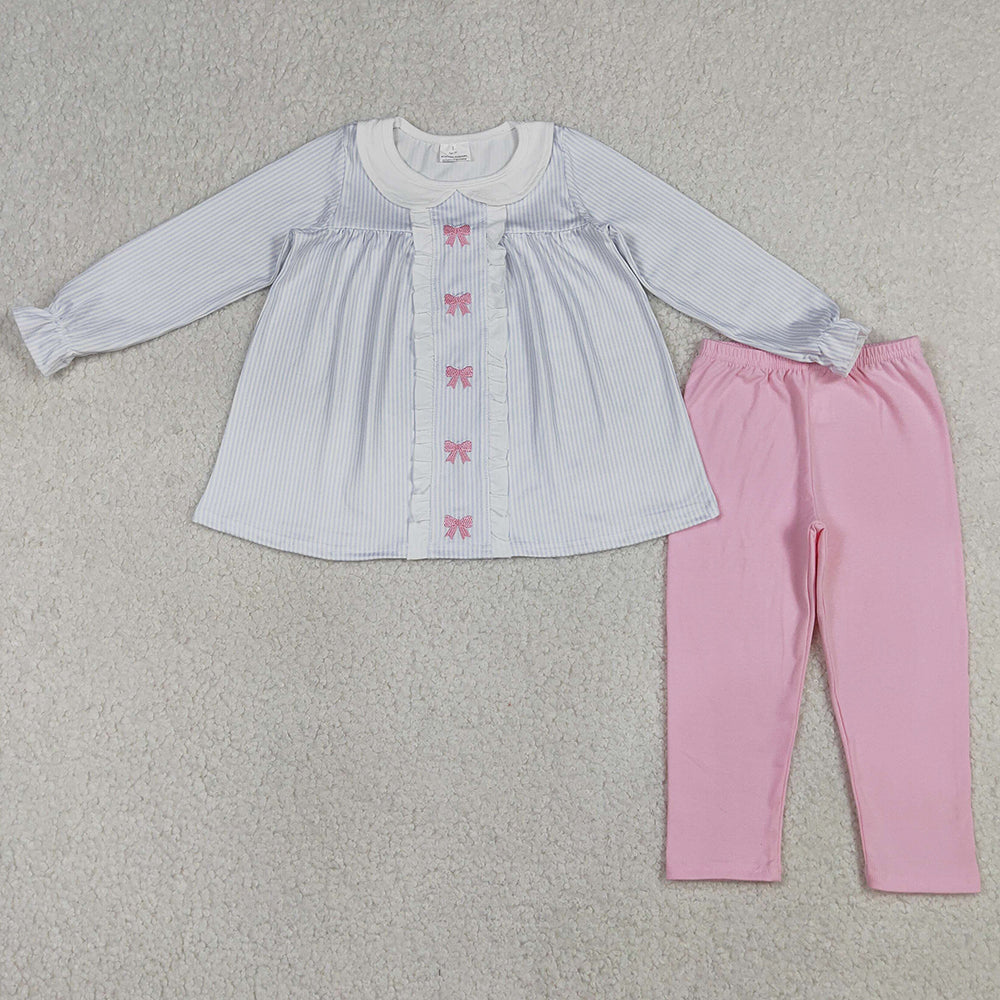 Baby Girls Clothes Embroidery Bows Stripe Collar Tunic Leggings Clothes Sets GLP2909