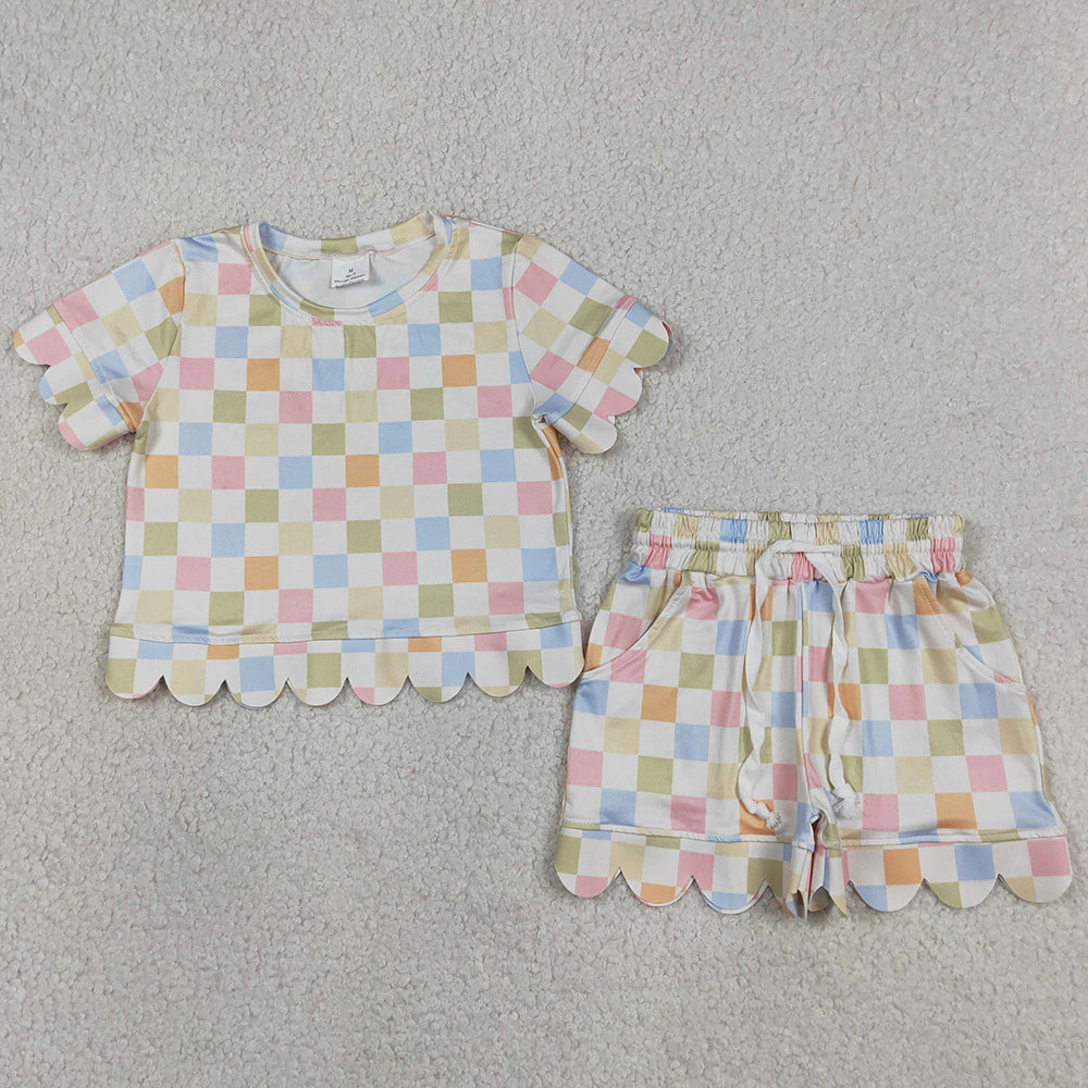 Baby Girls Clothes Colorful Checked Tops Pockets Shorts Scallop Clothes Sets GSSO3419