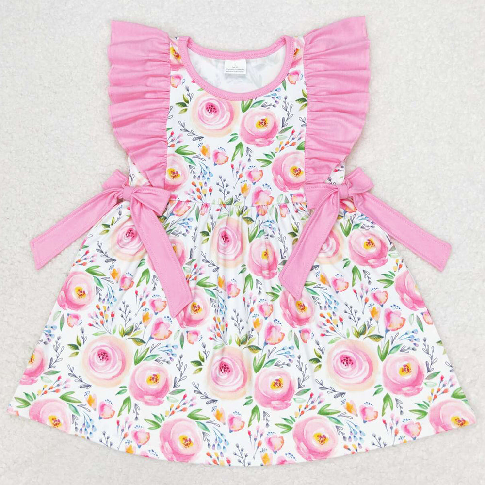 Baby Girls Dress Pink Rose Flowers Ruffle Bows Knee Length Dresses GSD1070