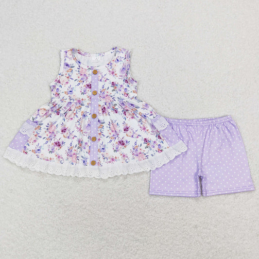 Baby Girls Clothes Summer Purple Flowers Sleeveless Tunic Tops Shorts Sets GSSO0402