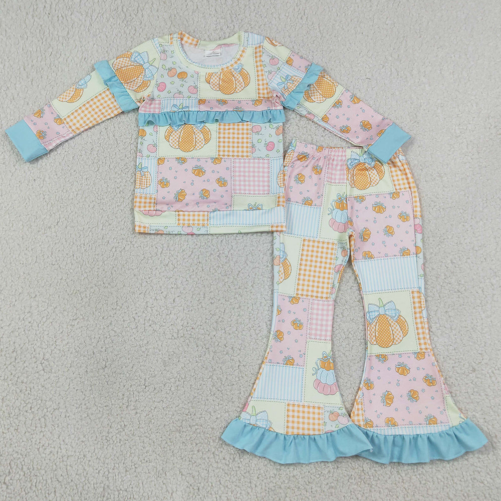 Baby Girls Clothes Flowers Bows Pumpkins Top Flare Ruffle Pant Fall Clothes Sets GLP3503