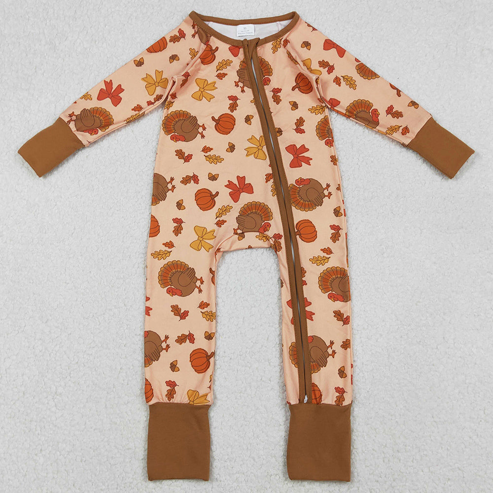 Baby Girls Rompers Bows Turkey Pumpkins Thanksgiving Two Way Zip Convertible Rompers LR2689 10.21