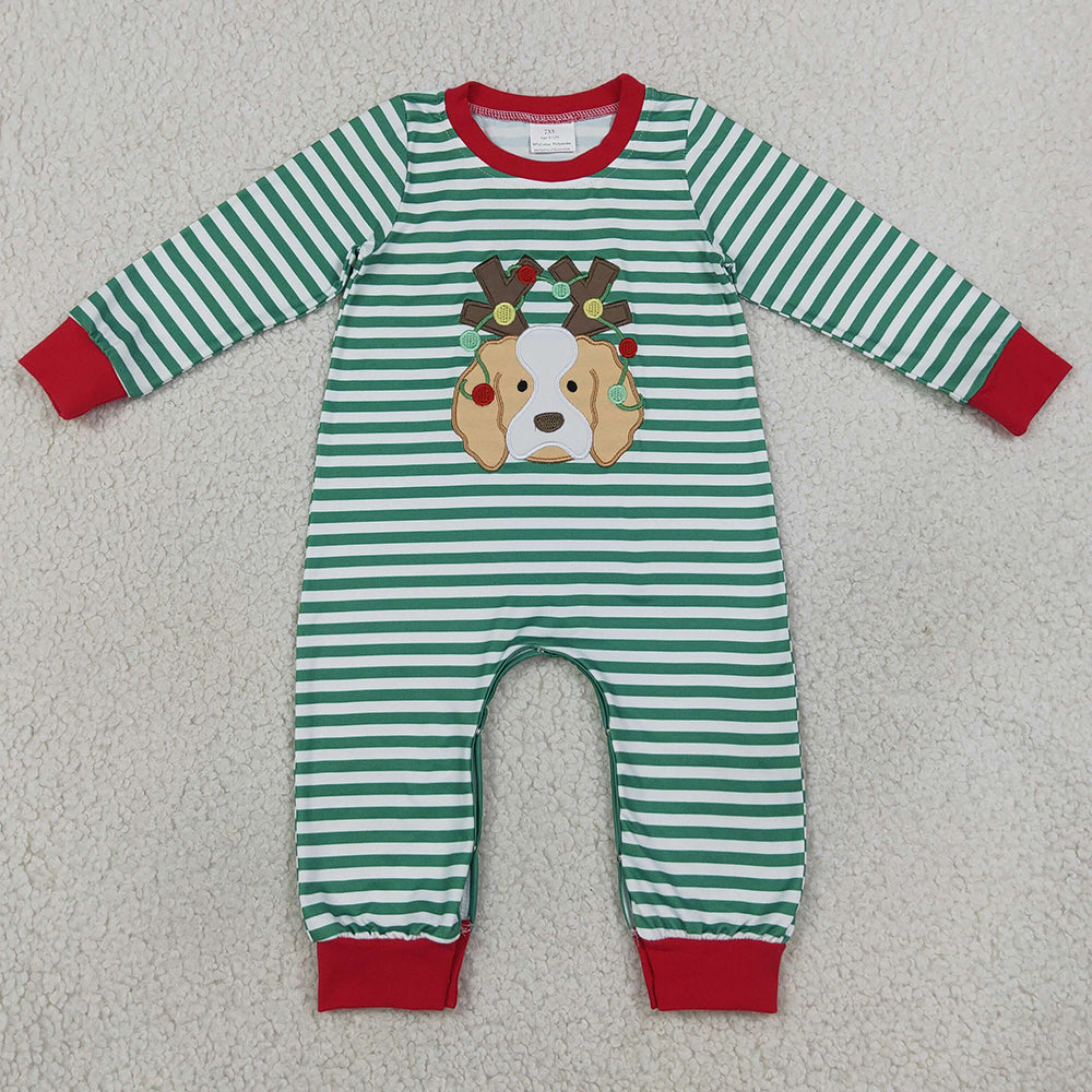 Baby Boys Rompers Embroidery Lights Dog Green Stripe Christmas Pant Rompers LR3146