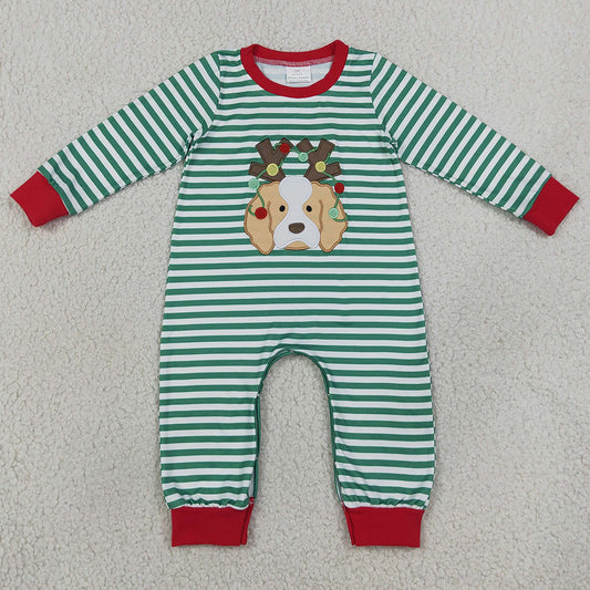 Baby Boys Rompers Embroidery Lights Dog Green Stripe Christmas Pant Rompers LR3146