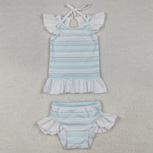 Baby Girls Swimsuits Light Blue Stripe Ruffle Top Bummies 2 Pieces Swimsuits S0652