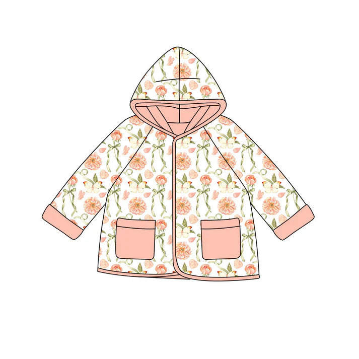 Preorder(moq 5) Baby Girls Pink Flowers Butterfly Pockets Zipper Hoodies Jacket Top 10.9