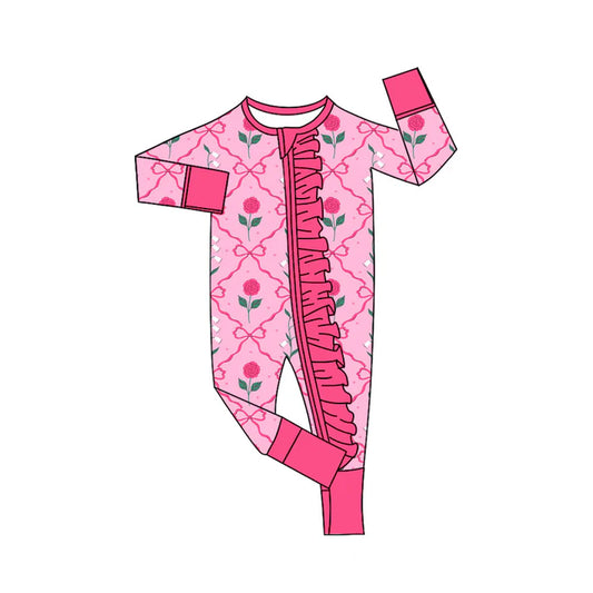 Preorder (moq 8)Baby Girls Bows Flowers Checked Valentine Ruffle Zipper Footie Rompers 9.20