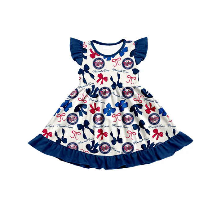 Preorder (moq 5) flutter sleeves T navy bows girls team dress 8.22