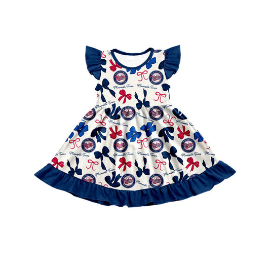 Preorder (moq 5) flutter sleeves T navy bows girls team dress 8.22