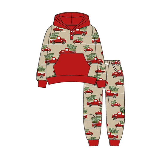 Preorder (moq 8)Baby Boys Button Pockets Cars Trees Hoodie Pockets Jogger Christmas Clothes Sets 9.23
