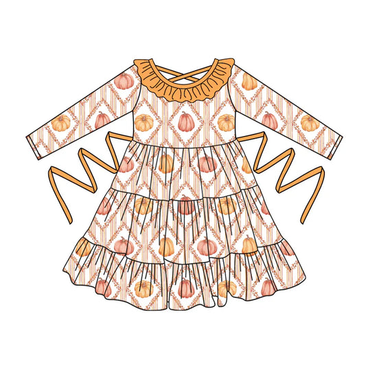 Preorder moq 5 Baby Girls Long Sleeves Pumpkins Plaid With Belt Ruffle Knee Length Dresses 5.2