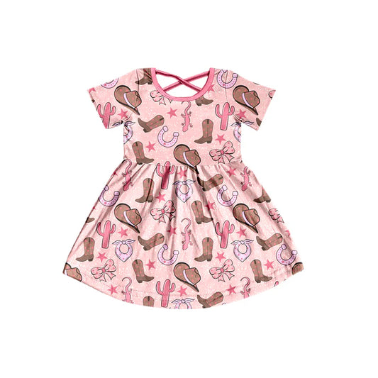 Preorder (moq 8)Baby Kids Short Sleeve Hats Boots Cactus Western Knee Length Dresses 9.19
