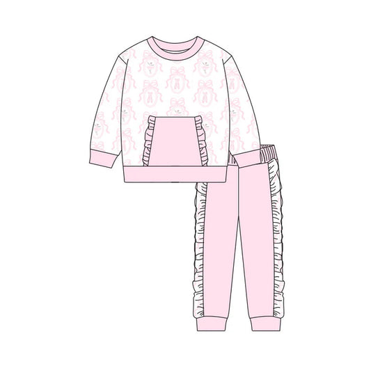 Preorder(moq 5) Baby Girls Pink Bows Dancers Pocket Top Ruffle Pants Clothes Sets 10.31