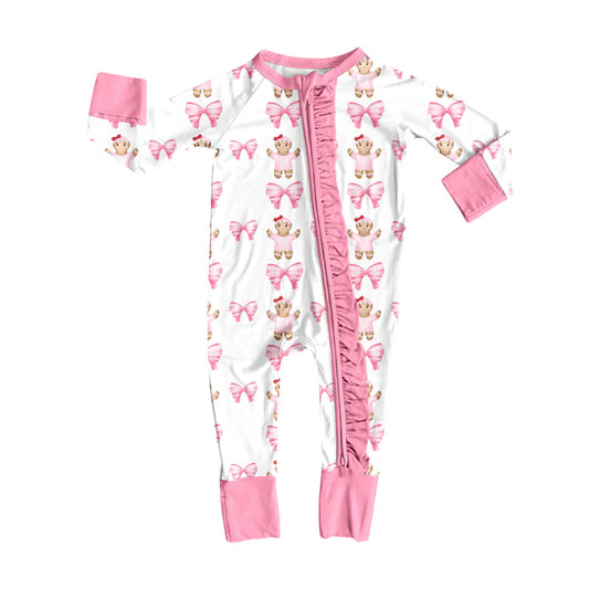 Preorder(moq 5)Baby Infant Girls Gingerbread Bows Zipper Footie Rompers 8.13