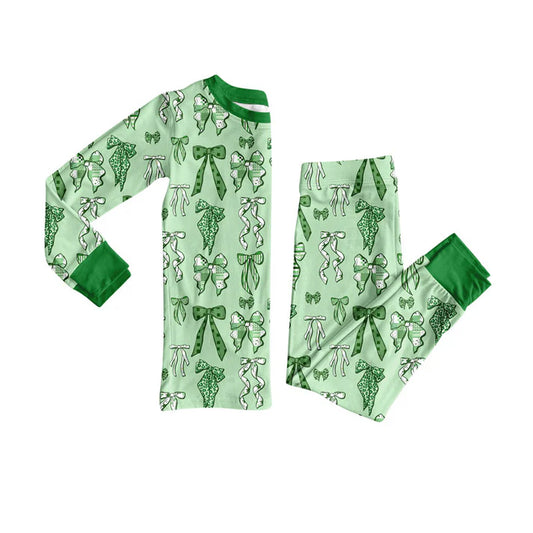 Preorder (moq 8)Baby Girls Green Bows Top Pants St Patrick Pajamas Sets 9.23
