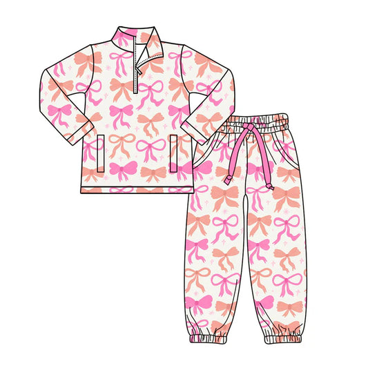 Preorder(moq 8)Baby Girls Orange Pink Bows Stars Zipper Pockets Pullovers Jogger Pants Clothes Set 9.29