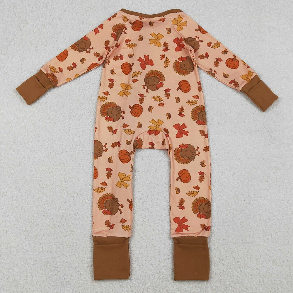 Baby Girls Rompers Bows Turkey Pumpkins Thanksgiving Two Way Zip Convertible Rompers LR2689 10.21