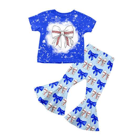 Preorder (moq 5)Baby Girls Blue Short Sleeves Baseball Bows Top Bell Bottom Pant Set 5.12